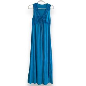 Vintage Val Roalte Turquoise Blue Lace Satin Tie Sleeveless Maxi Nightgown Small